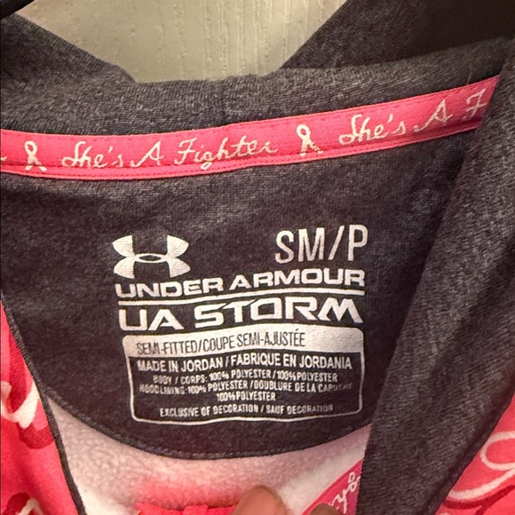 Under Armour Storm Semi Fitted Hoodie Power In Pink Breast Cancer Print Zip Sz S - Picture 2 of 4